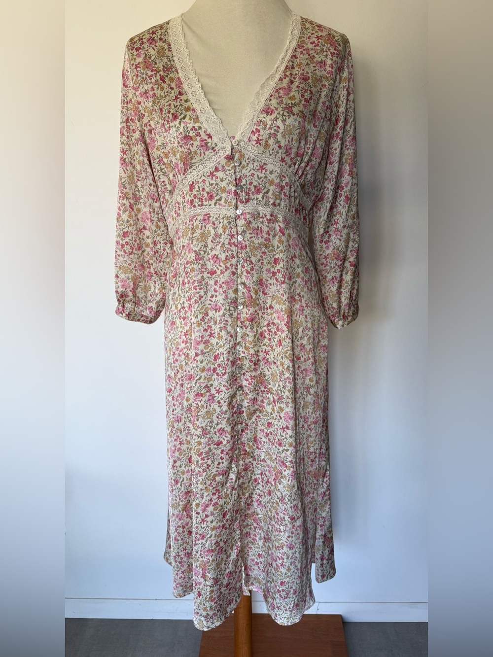 Zara Pink and Cream Floral Lace-Trim Midi Dress